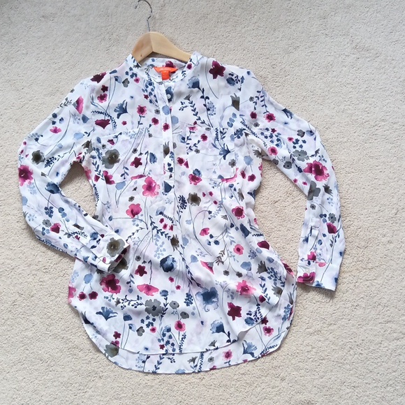 P19" L28" Joe Fresh Multicolor Floral High-low Round Hem Women's Blouse - Picture 16 of 17